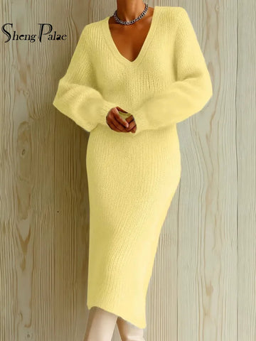 Women Knit Midi Dresses V Neck Bubble Sleeve Fuzzy Bodycon Elegant Party Daily Outfit Autumn 05E03393