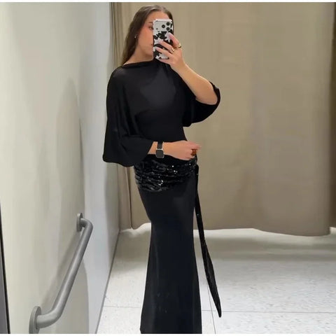 Women Backless Sequin Patchwork Maxi Dress Elegant Wide Sleeve Long Gowns Feminine Evening Party Daily Robes