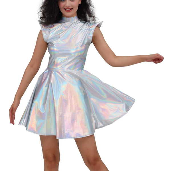 Metallic Women's Shiny Dress Holographic Solid Color Turtleneck Pleated Dress Carnival Costume Gold Silver Rave Dress Outfits