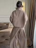 Casual Drawstring Women Outfit Chic Zipper Buttons Long Sleeve Stand Collar Female Coat Drape Wide Leg Pant Loose Streetwear Set
