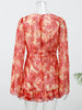 Sexy Floral Printed Mini Dress Women V-neck Flared Sleeve Waist Cinching Ruffle Bodycon Vestido Lady Party Vacation Gowns