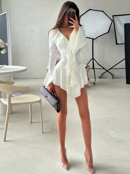 Irregular Hem Dress Women Tierred Y2K Flare Sleeve V-Neck Bandage Stretch Elegant Birthday Party Chic Hipster Bodycon