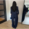 Chic Solid Stand Neck Blazer Jacket Pant Set Women Full Sleeve Shoulder Pads Coat Wide Leg Pants Autumn Commute Outfit