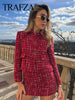 Women Vintage Red Plaid Tweed Coat Slim Turn Down Collar Long Sleeve Jacket Autumn Lady High Street Outwear