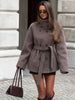 Women Black Belted Double Breasted Coat High Neck Long Sleeve Tailored Fit Elegant Jacket Winter Office Casual Outerwears
