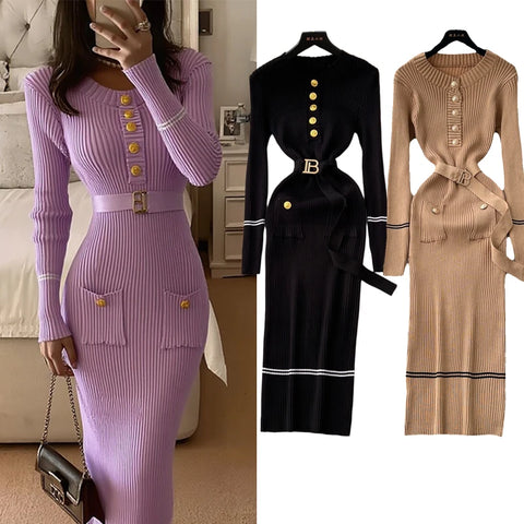 Women Dress Brand O-neck Buttons Design Ribbed Knitted Long Dress Fall Winter Elegant Office Lady Vestidos