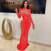 Women Mesh See Though Diamonds Rhinestones Cutout Front Long Sleeve Sexy Party Club Evening Prom Maxi Long Dress