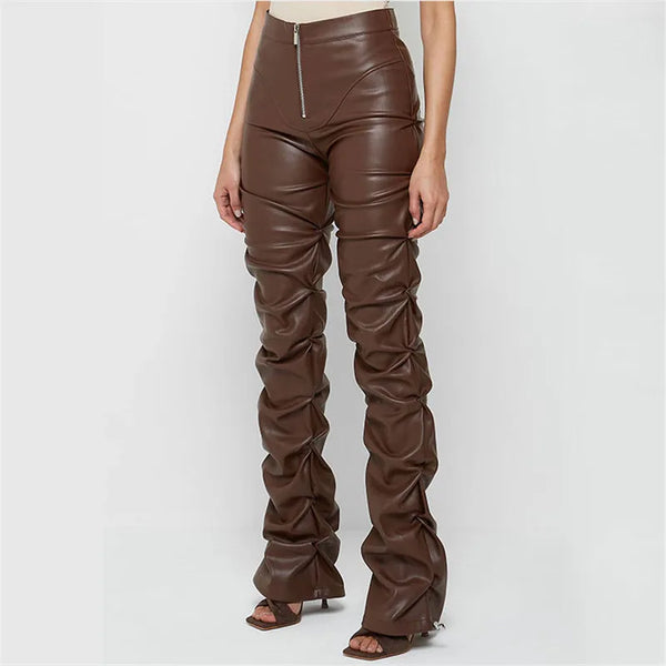 1PC Brown Faux PU Leather Pleated High Waist Stacked Pants Women Slim Hipster Street Style Long Trousers Female 2#