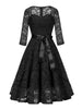 Sweetheart Neck Elegant Lace Long Swing Dress Women 3/4 Length Sleeve Belted Spring Autumn Vintage Ladies Midi Dresses