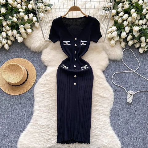 Yuoouoo Chic Sexy Package Hips Large Stretch Knitted Dress Elegant V-neck Buttons Office Lady Bodycon Dresses