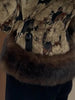 Women Vintage Floral Jacquard Faux Fur Trim Jacket V Neck Single Button Furry Cuff Cropped Coats Vintage Winter Warm Party Coat