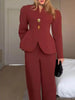 French Two Piece Sets for Women Stand Collar Long Sleeves Patchwork Button Top High Waist Pant Set Female