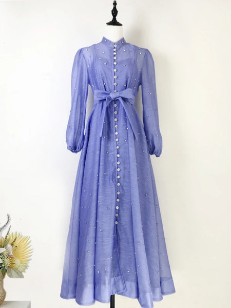 Spring Vintage Diamond Dress Women Stand Collar Lantern Sleeves Single Breasted Elegant Party Dresses Ladies Chiffon Long Robe