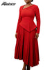 Patchwork Pleated A-Line Mid Dress for Women Long Sleeve Diagonal Collar Office Dresses Female Vacation African Robe