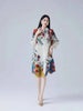 Printting Women's Pleated Dress Turn Down Collar Single Breasted Elastic Loose Long Sleeve Dresses 2DB8280
