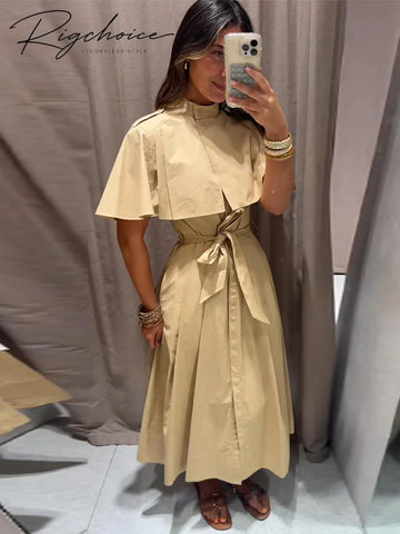 Women's Trench Style Midi Dress Stand Collar Cape Overlay Short Sleeve Belted Waist A‑Line Dresses Autumn Elegant Office Outfits