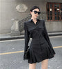 Houzhou Black Shirt Dress Women Elegant Vintage Long Sleeve Dresses Sexy Gothic Pleated Streetwear Turn-down Collar Casual Robe