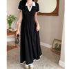 Women Autumn Midi Dresses Black Vintage Simple Y2K V-neck Korean Preppy Style Elastic Long Sleeved A-Line Sports Dress