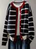 Women's Striped Button Front Cardigan, Cute Heart Pattern Knit Coat, Casual Outwear