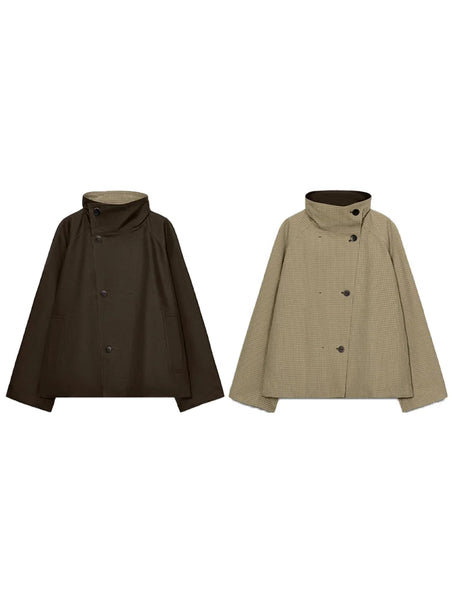Women Reversible Double Sided Jacket Coat Stand Collar Plaid Loose Fit Warm Coats Casual Office Work Outerwear Spring