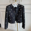 Autumn Winter Heart Buckle Black Wool Tweed Short Jacket Coat Women Vintage Long Sleeve V Neck Wave Cardigan Outwear Top
