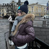 Russian Winter Warm Faux Fur Hooded Quilted Puffer Jacket Women Y2K Retro Padded Short Coat Casual Parka Glossy Outerwear куртка