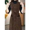 Winter Fake Two piece Corduroy Dress Stylish Women's Dress Draw pleats Slim Waist Dress Women's Retro Knee Over Middle Long