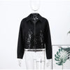 Black Sequined Jacket Lapel Neck Dull Sleeve Zipper Pocket Coat Spring Autumn Female High Street England Style Outewear
