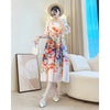 Elegant Plant Floral Printing Pleated Women's Dress Chic Round Collar Lantern Sleeve Elastic Loose Casual Dresses