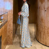 Retro Elegant Satin Polka Dots V Neck Maxi Dress Suit Women Ribbon Lace Full Sleeve Puff Sleeve Waist Cinched Long Dresses
