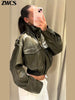 Vintage Zippers Short Leather Jackets Women's Casual Lapel Button Pockets Full Sleeve Coat Autumn Lady Chic Streetwear