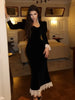 Velvet Lace Patchwork Dress Square Collar Waist Cinched Slim Fit Party Gown Robes Elegant Women Wrap Hip Fishtail Long Dresses