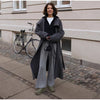 Retro Solid Stand Collar Long Tweed Coat Women Large Lapel Single Breasted Coats With Belt Lady Chic Street Outwear