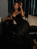 Women Black Velvet Sheer Maxi Dress Sexy Chic Mesh Patchwork Off-shoulder Waist Cinching Slim Maxi Dresses Club Party Gowns