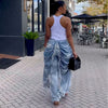 Daily Blue Pocket Ruched Frayed Trim Casual Contrast Denim Jeans High Street Vintage Casual Asymmetric Denim Trousers for Women