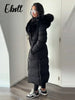 Warm Fur Collar Elastic Waist Hooded Coat Women's Elegant Waist-cinching Zippers Long Cotton Coats Winter Lady Outwear