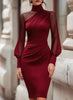 Women Mock Neck Mesh Long Sleeve Midi Dress Asymmetric Ruched Waist Slim Bodycon Elegant Wedding