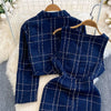 Autumn Dress Suit Women Korean Chic Blue Tweed Jacket + Vest Dress Elegant 2 Piece Set Long Sleeve Cropped Coat