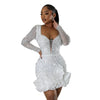 Women Dress Diamonds Splice Ruffles Mini Dresses Square Collar Full Sleeve Slim Fit Sold Evening Party Vestidos Elegant Ladies