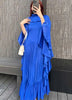 Ruffle Sleeves Pleated Dress For Women Lapel Solid Color Maxi Style Loose Elegant Clothing Spring 2DA2766
