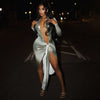 Sexy Gradient Color Irregular Ribbon Dresses Woman Deep V Long Sleeve Shirring Bodycon Dress Elegant Party Clubwear