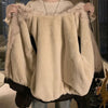 Winter Thick Warm Fleece Hooded Jacket Women Korean Loose Zipper Leather Coats Chic Full Faux Fur Lined Bomber Outerwear