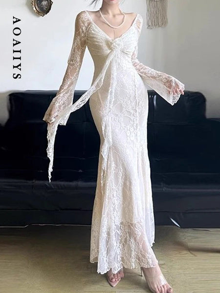 Aoaiiys French Dress Women's V-Neck 3D Floral Lace Splicing Slim Long Dress Elegant Long Sleeve White Dresses Spring Autumn
