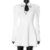 Puff Sleeve Contrast Color Mini Dress Female Retro Elegant Stand Collar Hollow Lace Up A-Line Dress Tight Waist