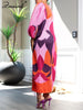 O-Neck Long Lantern Sleeve Loose Mid Dress Women Print Patchwork Pleated Gown Evening Holidays Festivals Birthday Robe