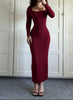 Women Square Neck Long Sleeve Bodycon Midi Dress Solid Color Slim Fit High Stretch Pencil Dress Elegant Club Party Evening Long
