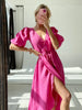 100% Cotton V-neck Waist Cinched Dress Unique Lantern Sleeve Sexy Slit Long Skirt Women's Casual Dresses
