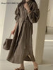 Women's Spring and Autumn Bubble Sleeve Casual Loose Straight Vintage Button Decorative Shirt Long Dress