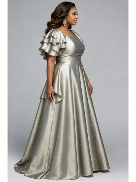Women Plus Size Maxi Evening Dress Square Neck Ruffle Sleeve Formal Gown Elegant Wedding Guest Cocktail Party Dress