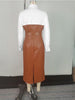 Womens Dresses Shirt PU Skirt Autumn Buttons Long Sleeve Patchwork Pocket Skinny Belted Lapel Female Midi Dress
